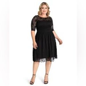 Kiyonna Black Lace Cocktail Dress 1X Plus Size Fit & Flare A-Line Party Feminine